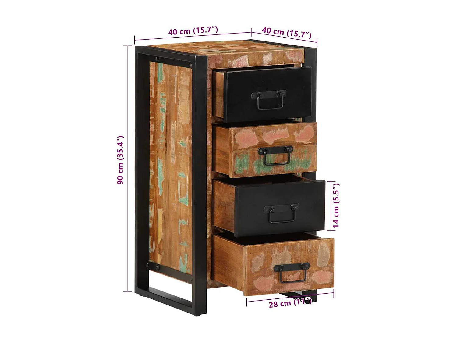 Armário gavetas 40x40x75 cm madeira recuperada maciça multicor