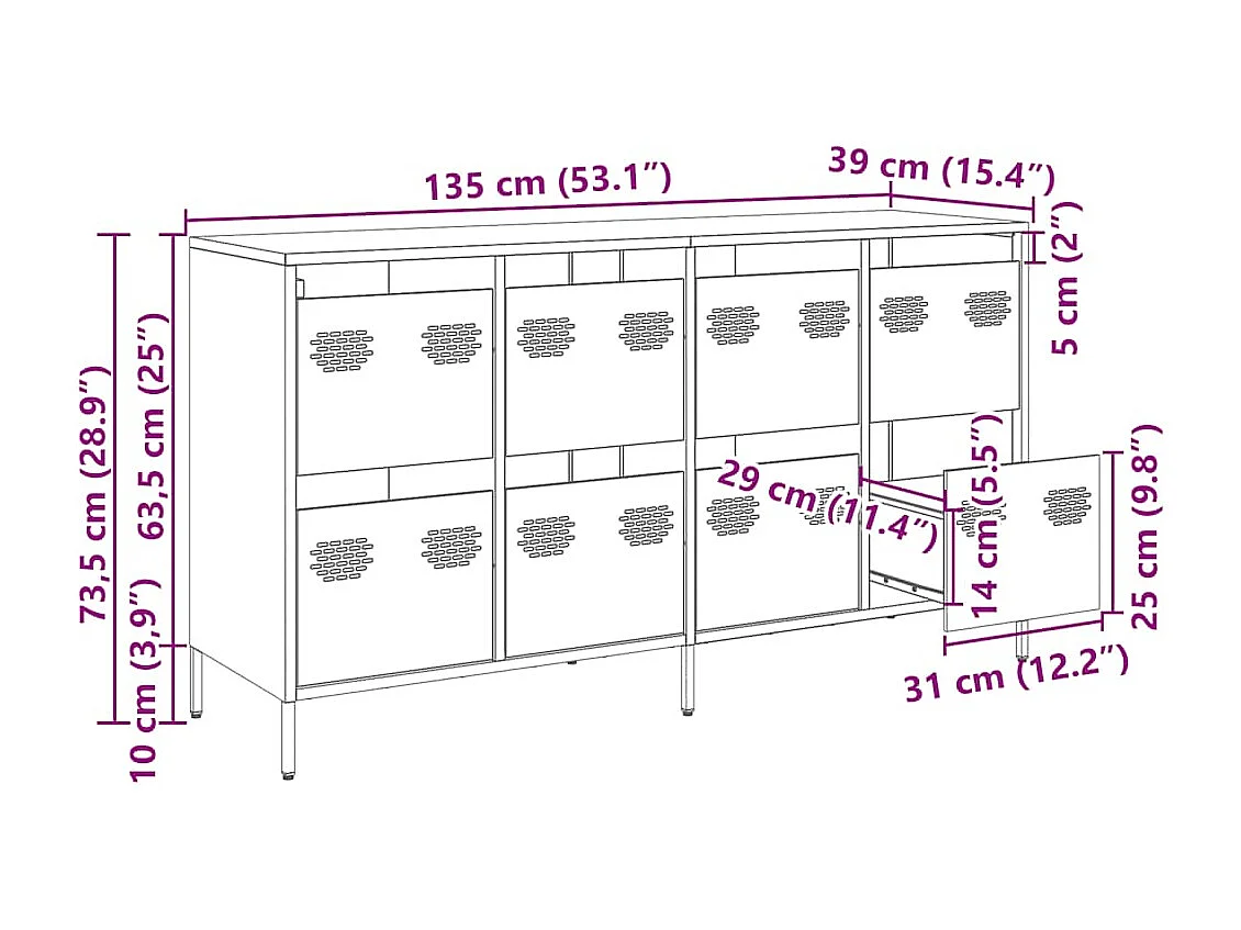 Buffet rose 135x39x73,5 cm acier laminé à froid