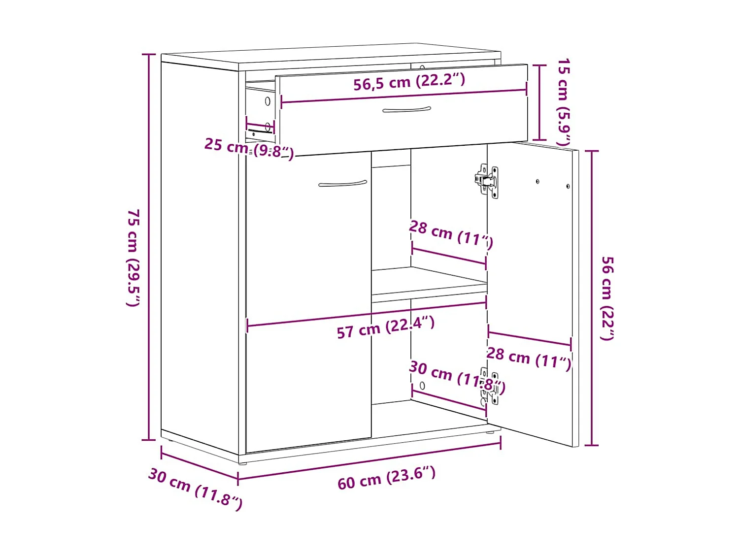 Buffet chêne artisanal 60x30x75 cm bois d'ingénierie