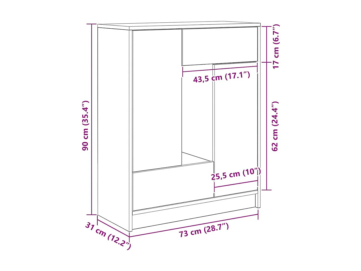 Sideboard mit Schubladen Türen Schwarz Eichen-Optik 73x31x90 cm