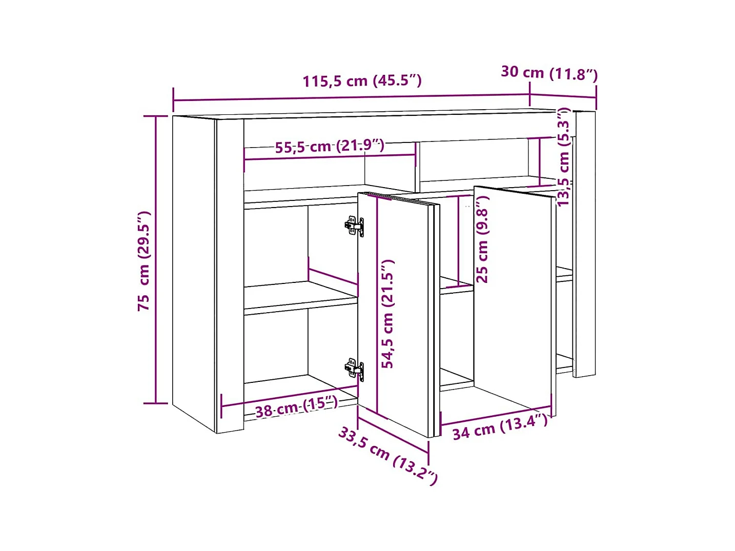 Buffet et lumières LED vieux bois 115,5x30x75cm bois ingénierie