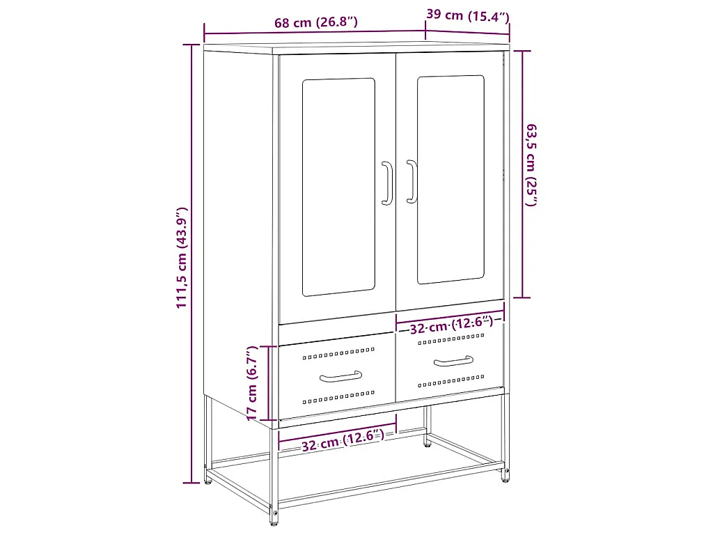 Buffet haut vert olive 68x39 x111,5 cm acier