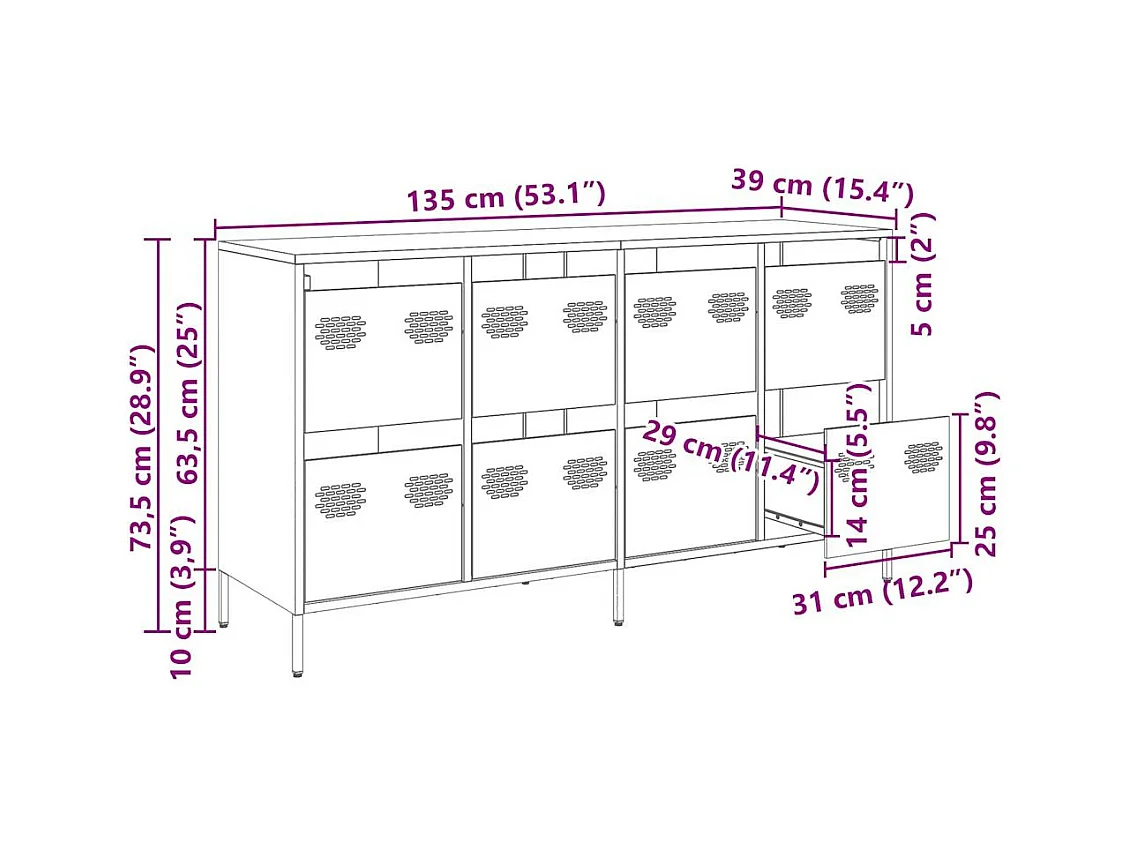Buffet jaune moutarde 135x39x73,5 cm acier laminé à froid