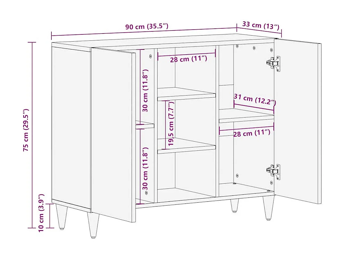 Aparador 90x33x75 cm madeira maciça manga