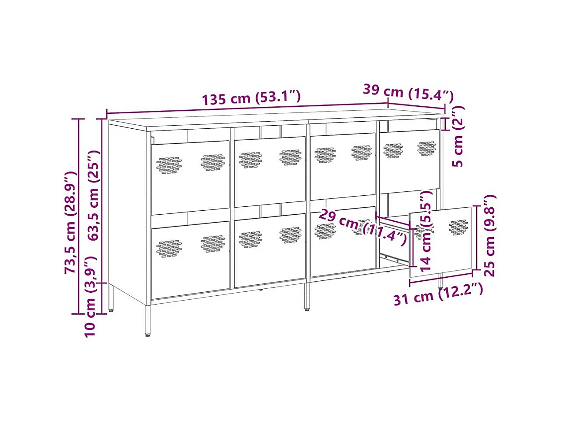 Buffet vert olive 135x39x73,5 cm acier laminé à froid