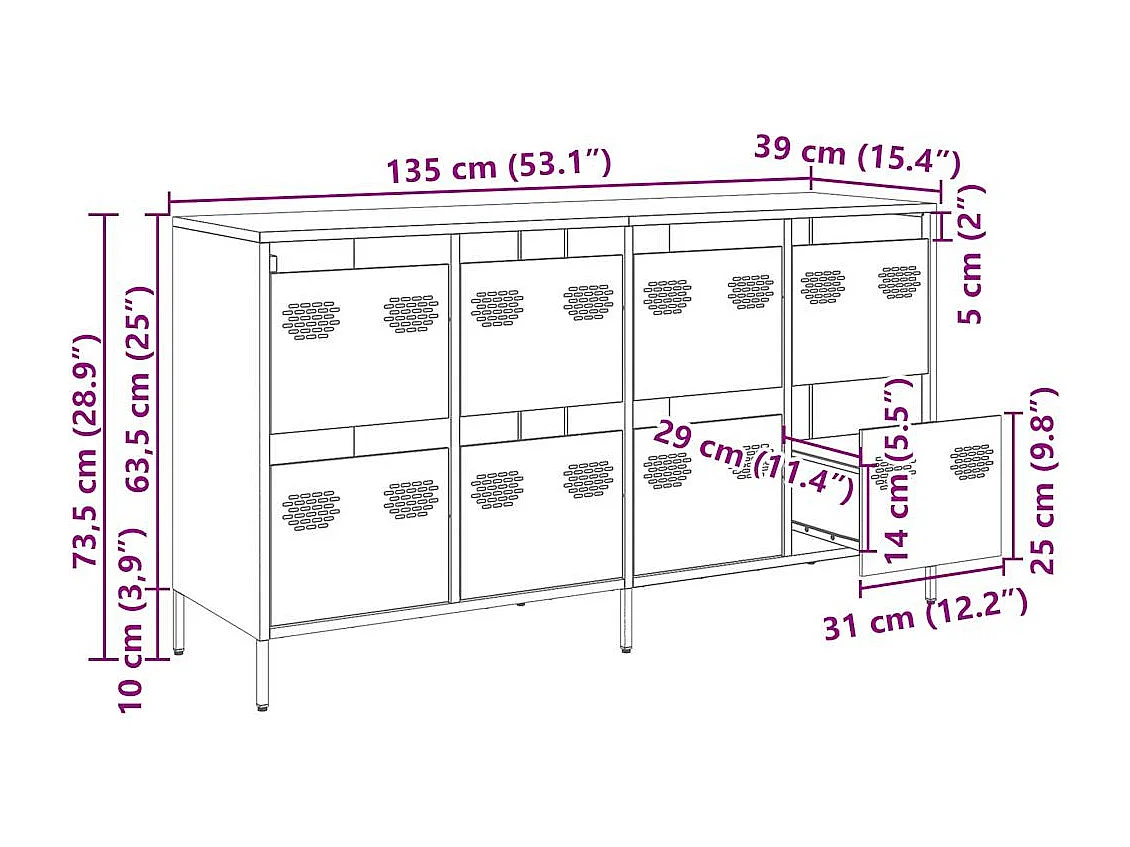 Buffet vert olive 135x39x73,5 cm acier laminé à froid