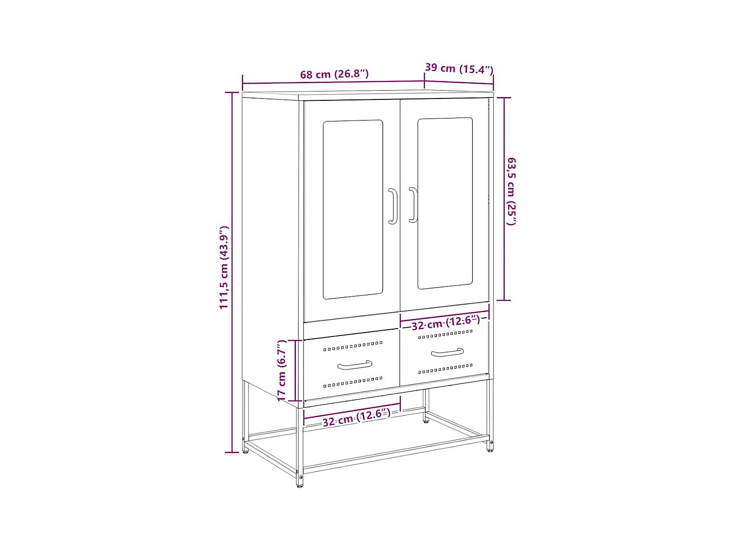 Buffet haut noir 68x39x111,5 cm acier