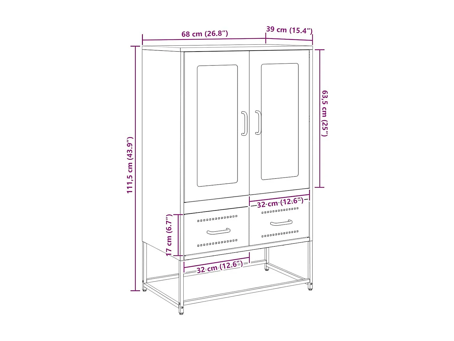 Buffet haut noir 68x39x111,5 cm acier