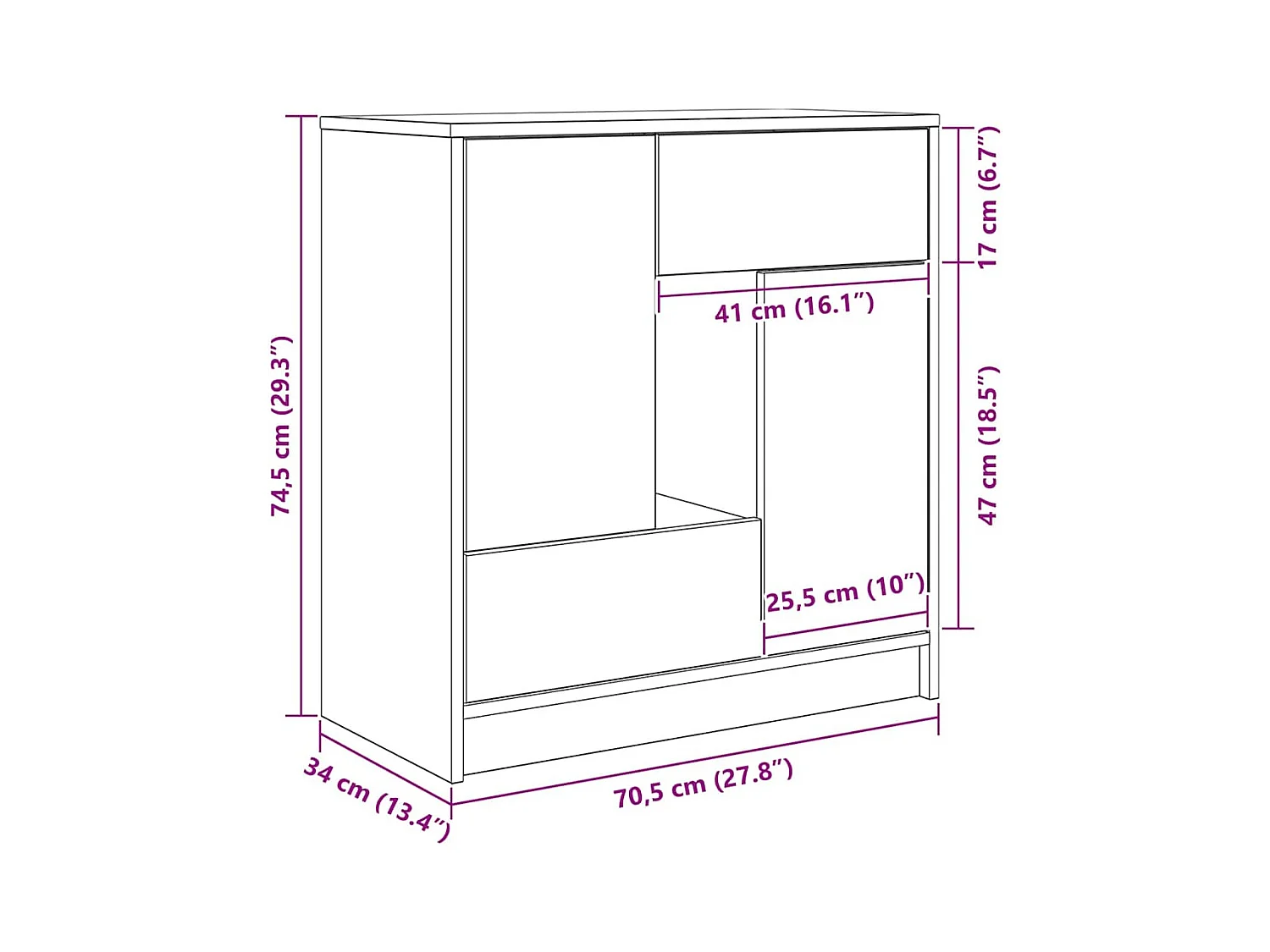 Dressoir met lades en deuren 70,5x34x74,5 cm zwart eikenkleurig