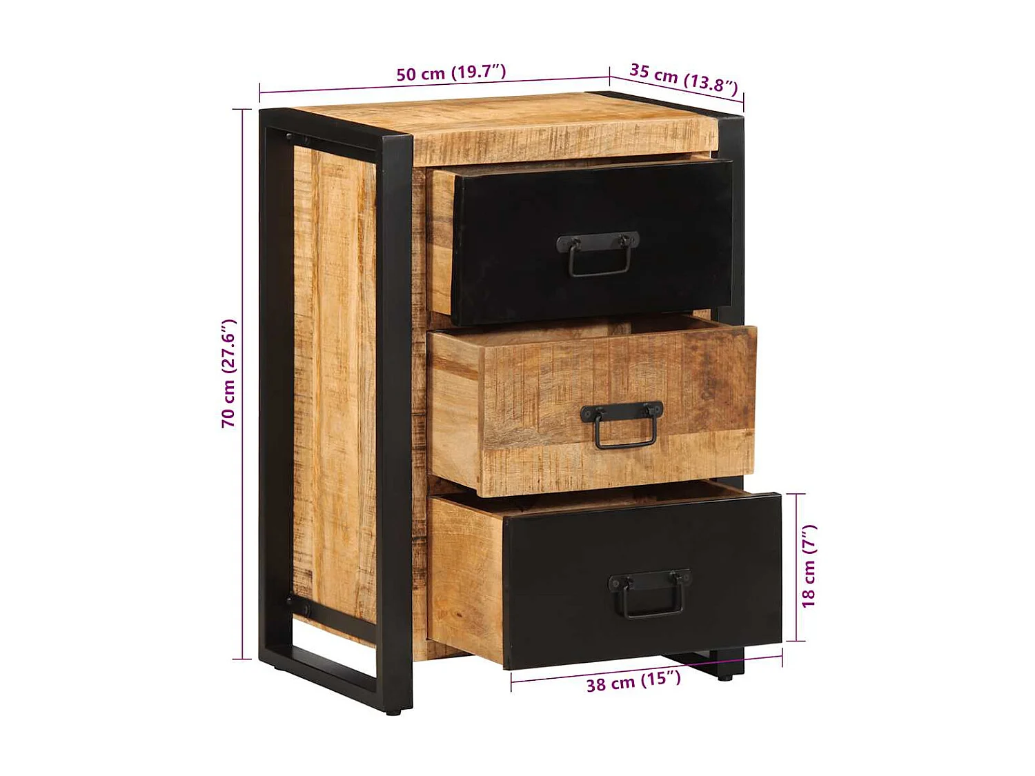 Armoire à tiroir 50x35x70 cm bois de manguier massif brut
