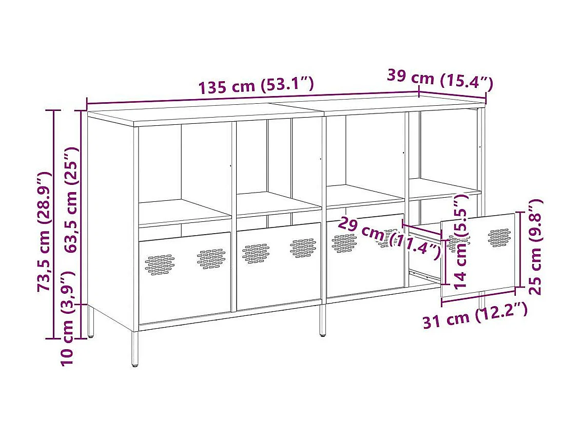 Buffet vert olive 135x39x73,5 cm acier laminé à froid