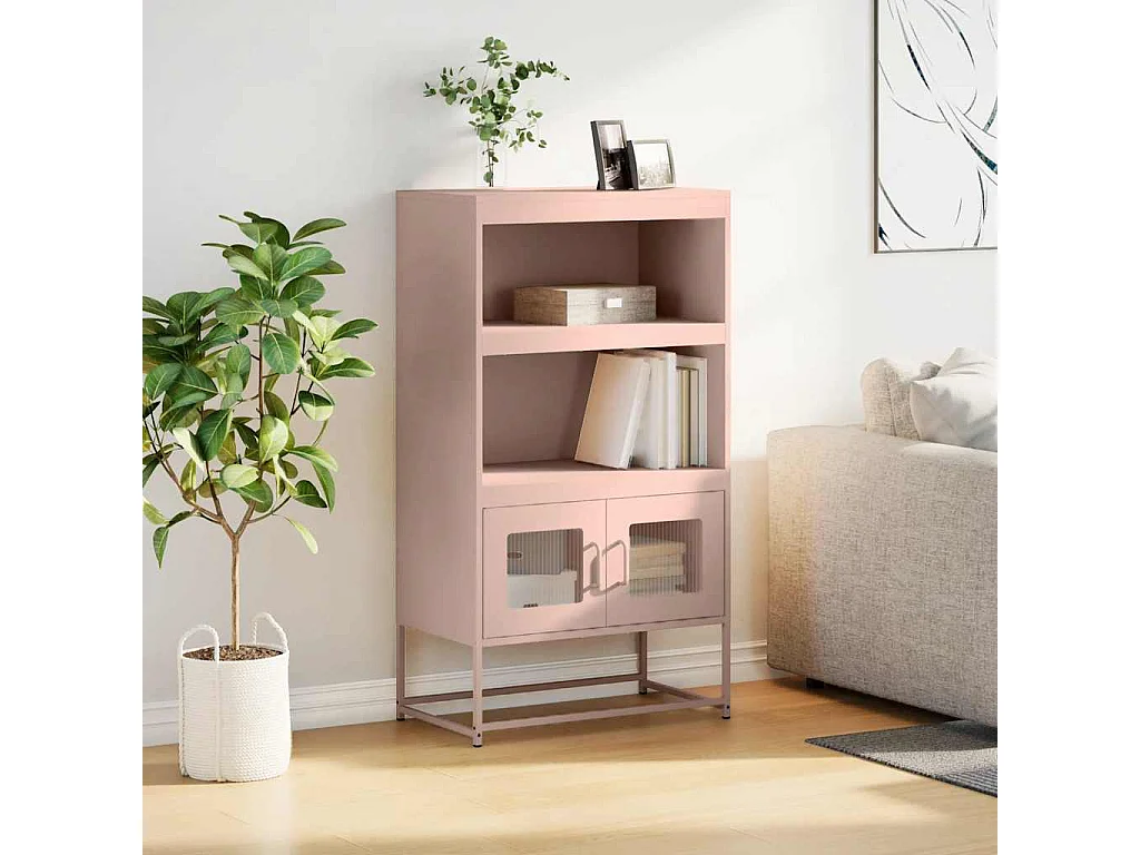 Wysoka różowa komoda ze stali walcowanej na zimno 68x39x123 cm z 2 odwracalnymi drzwiami i 2 półkami