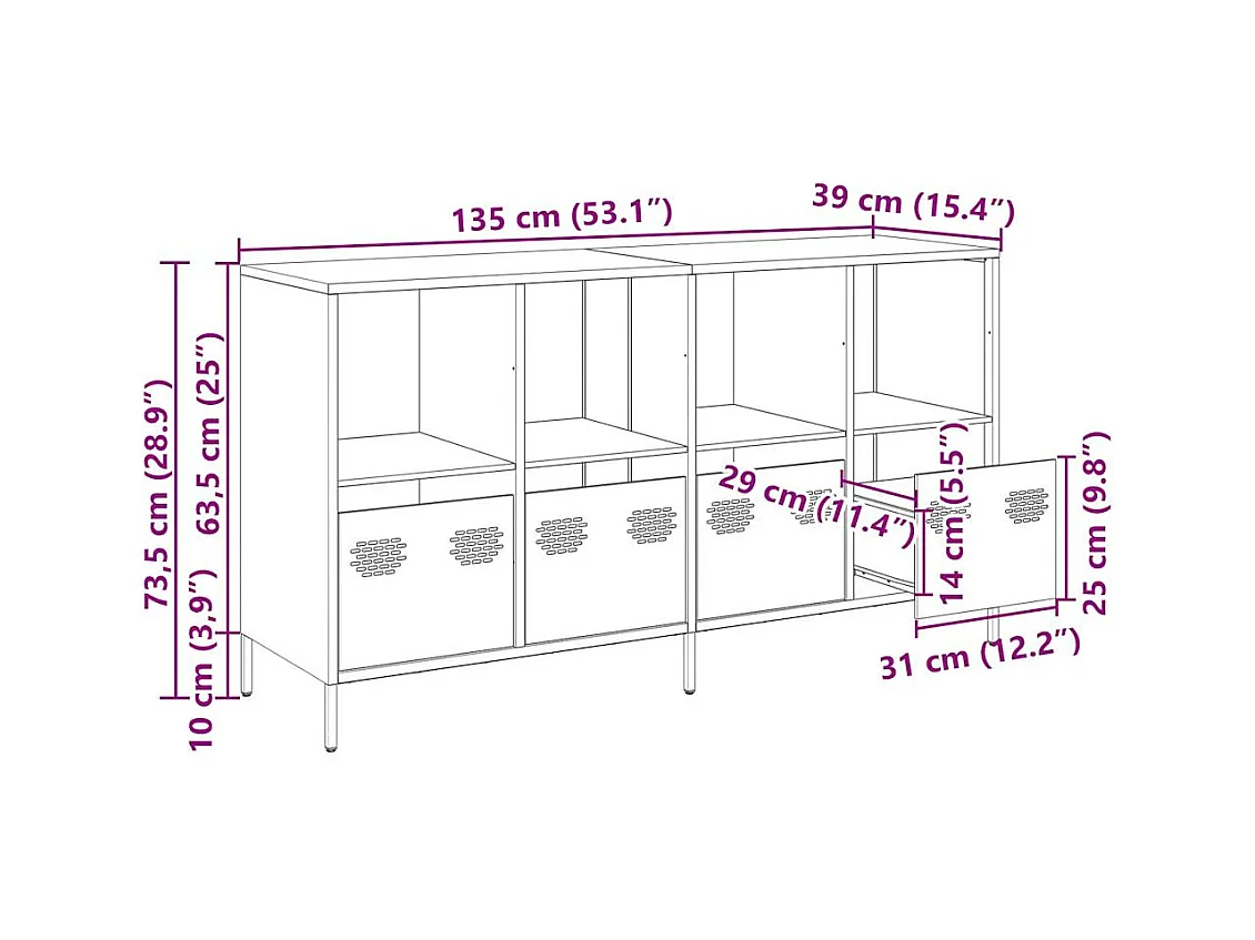 Buffet jaune moutarde 135x39x73,5 cm acier laminé à froid