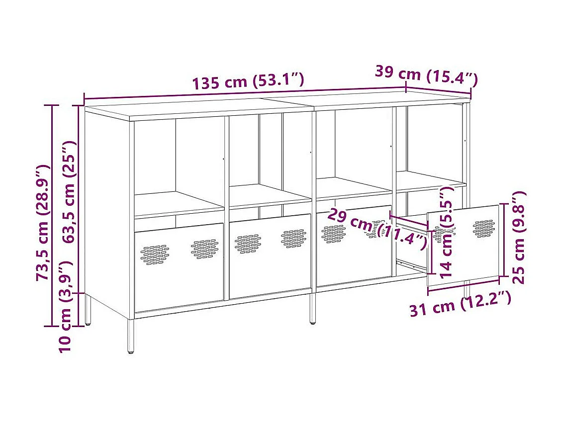 Dressoir 135x39x73,5 cm koudgewalst staal mosterdgeel