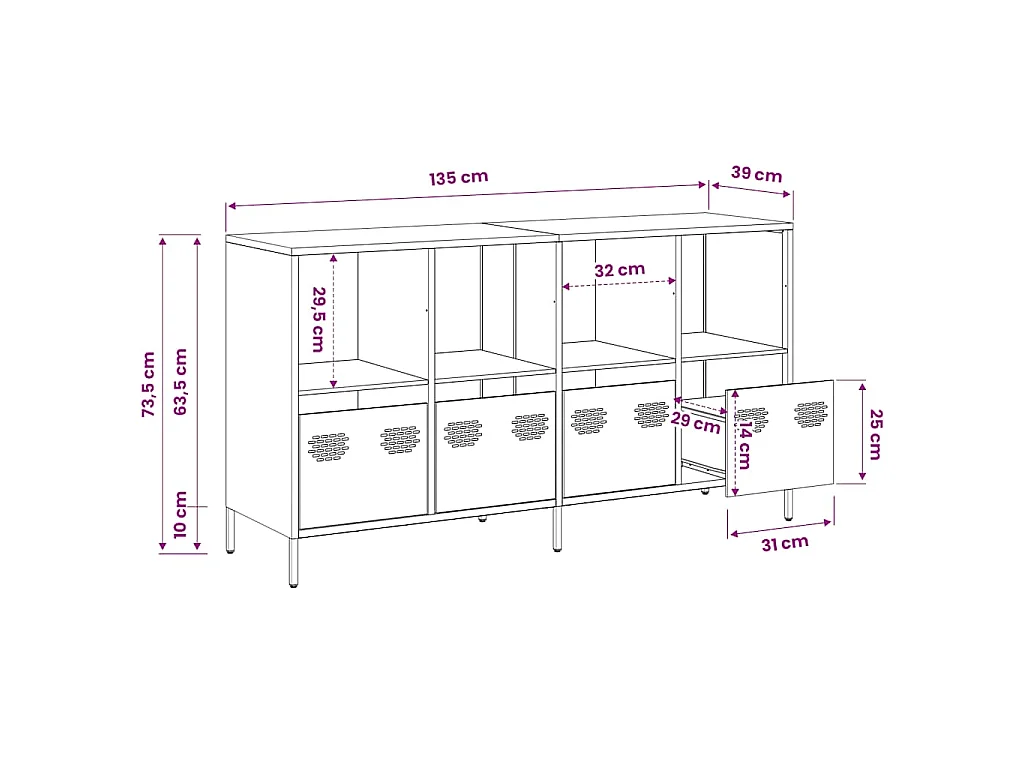 Buffet jaune moutarde 135x39x73,5 cm acier laminé à froid