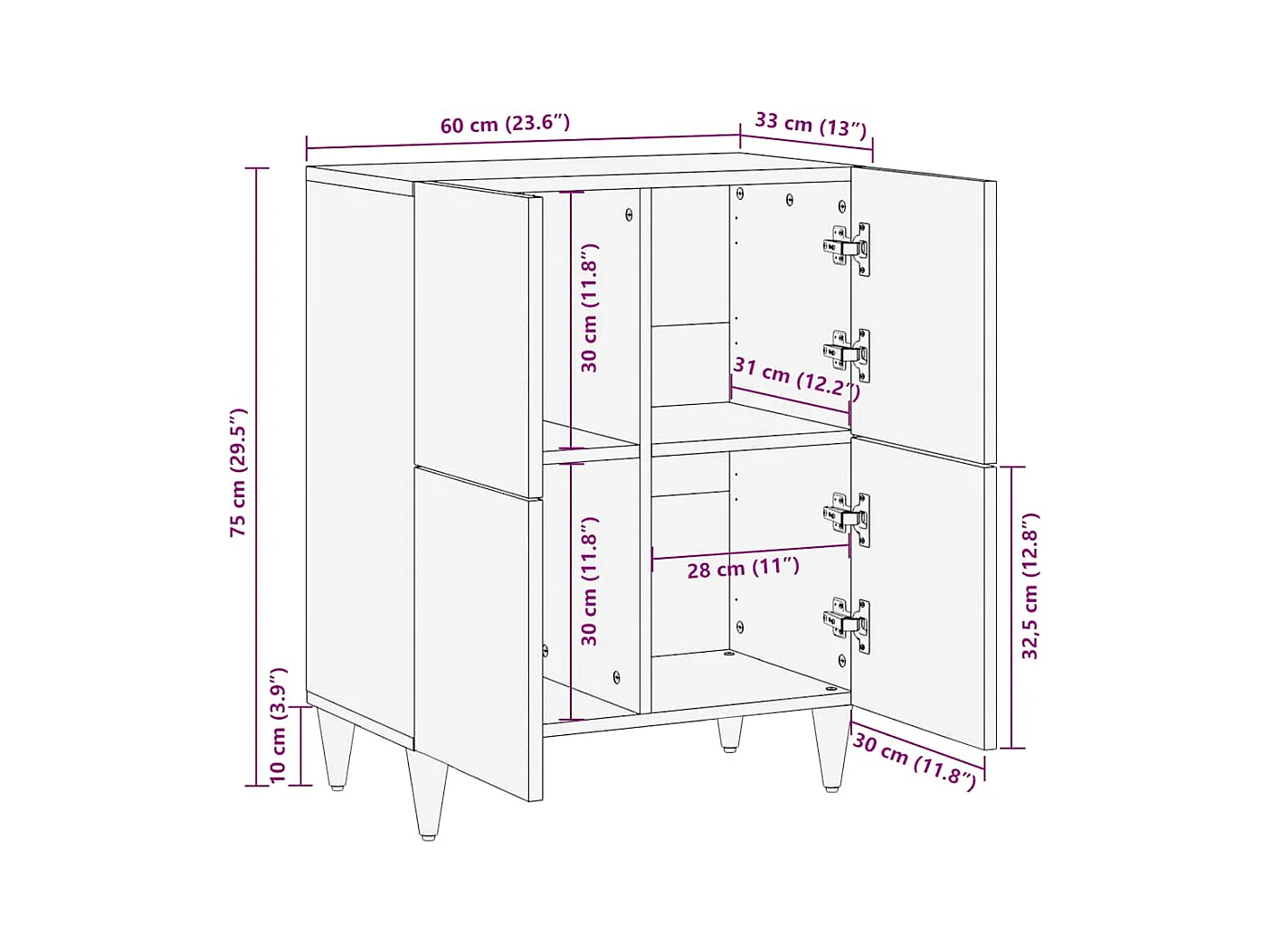 Aparador de madera maciza de mango 60x33x75 cm