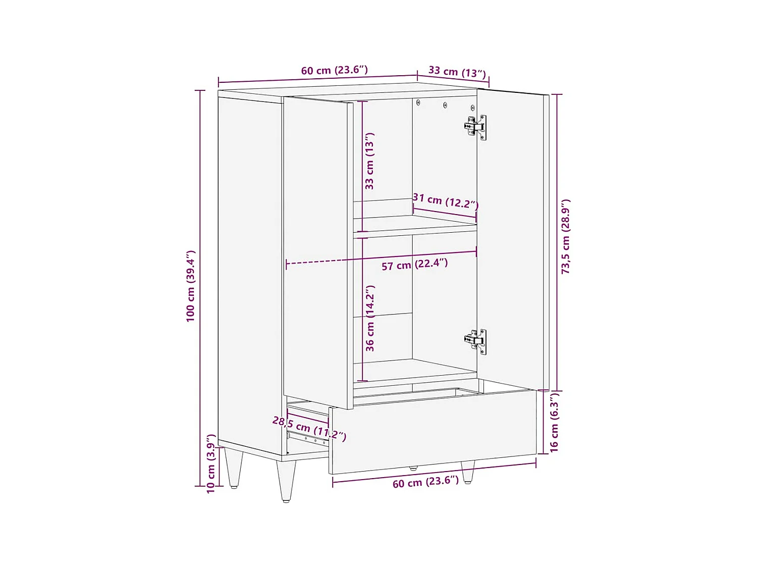 Buffet 60x33x100 cm bois de manguier massif