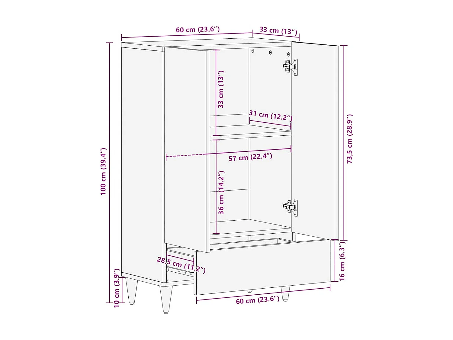 Hoge kast 60x33x100 cm massief mangohout
