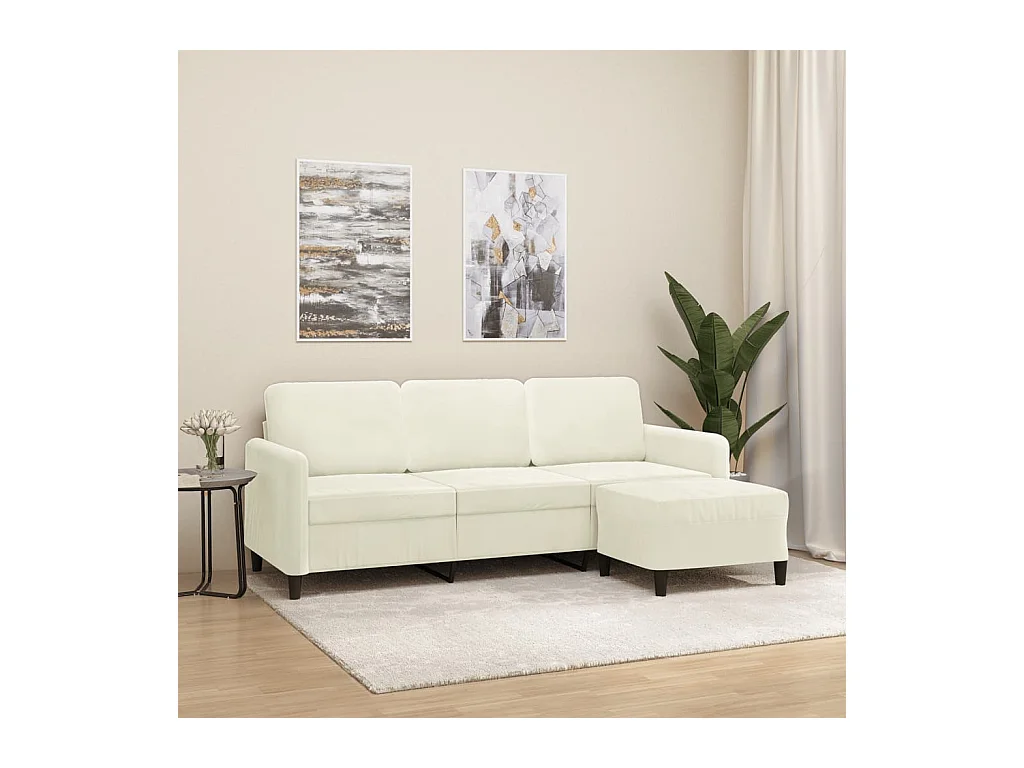 Driezitsbank met voetenbank 180 cm fluweel crèmekleurig