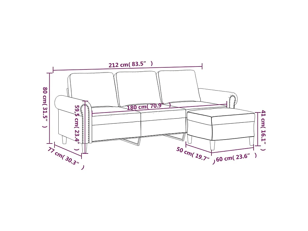 Canapé à 3 places avec repose-pieds Rose 180 cm Velours