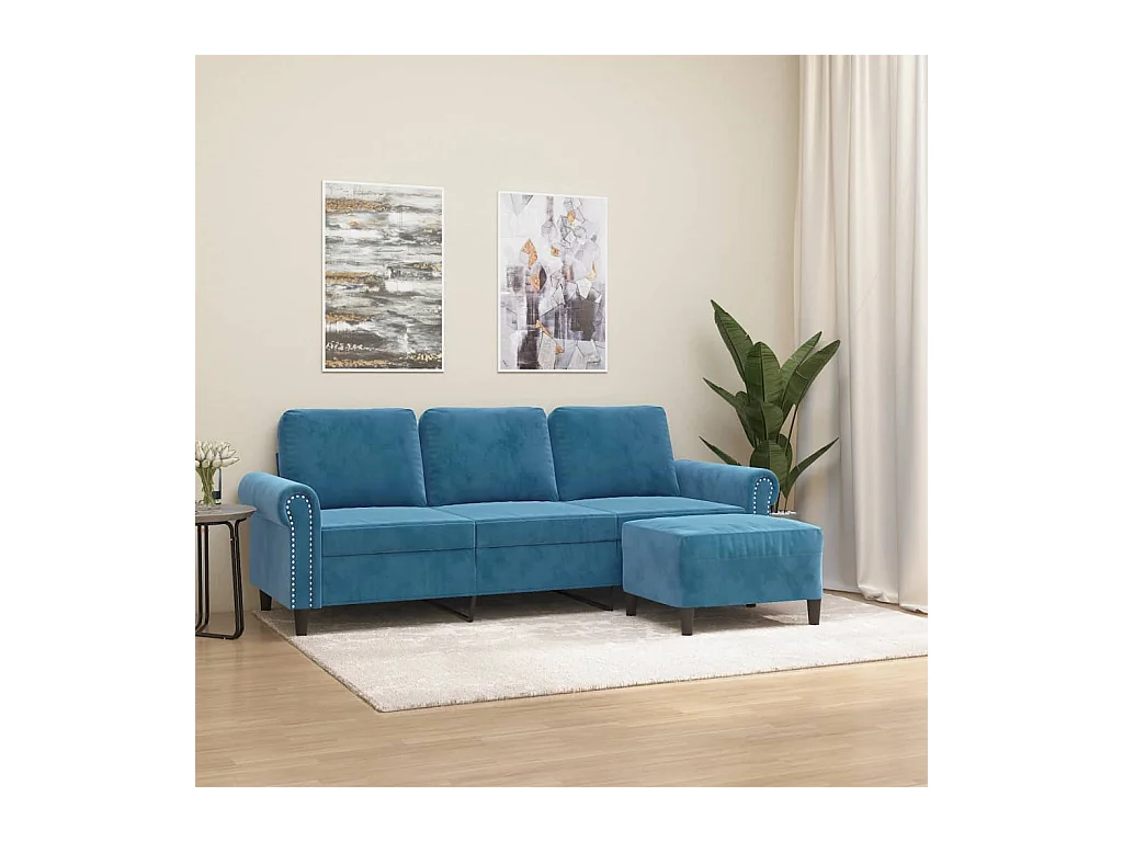 Canapé à 3 places avec repose-pieds Bleu 180 cm Velours