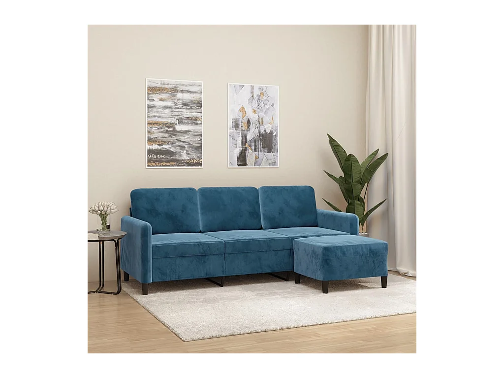 Canapé à 3 places avec repose-pieds Bleu 180 cm Velours