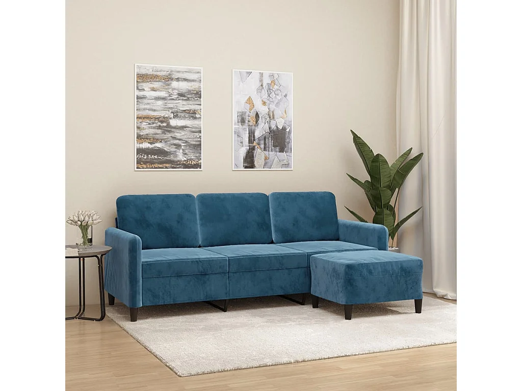 Sofá de 3 lugares com apoio de pés 180 cm veludo azul