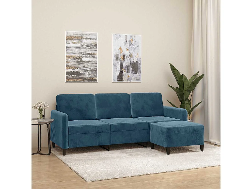 Canapé à 3 places avec repose-pieds Bleu 180 cm Velours
