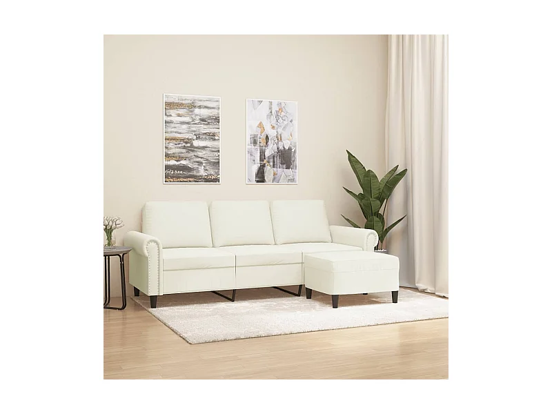 Divano a 3 Posti con Poggiapiedi Crema 180 cm in Velluto