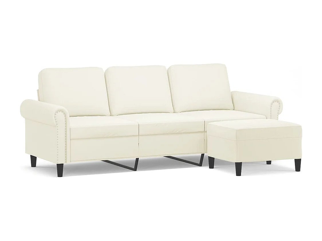 Driezitsbank met voetenbank 180 cm fluweel crèmekleurig