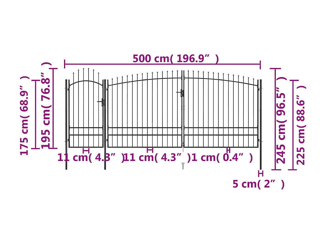 Portail de clôture de jardin avec dessus en lance 5x245 m Noir