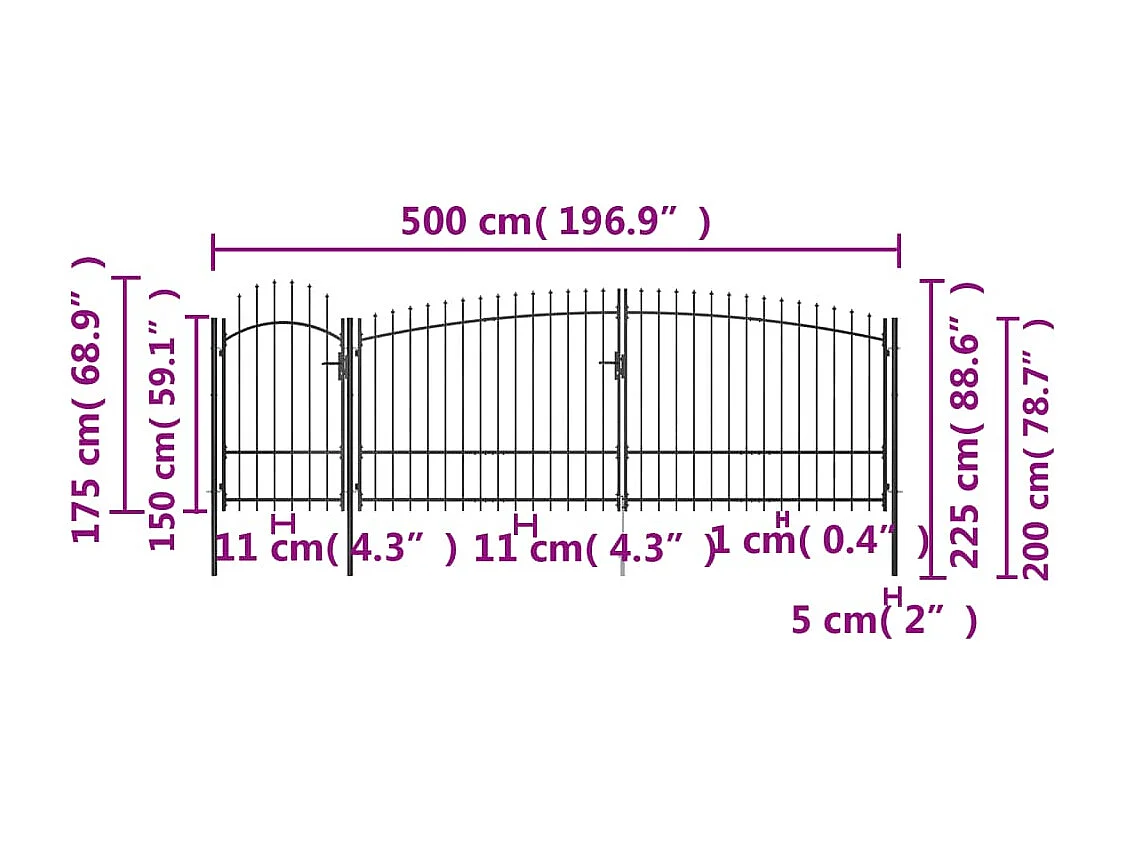 Portail de clôture de jardin avec dessus en lance 5x225 m Noir