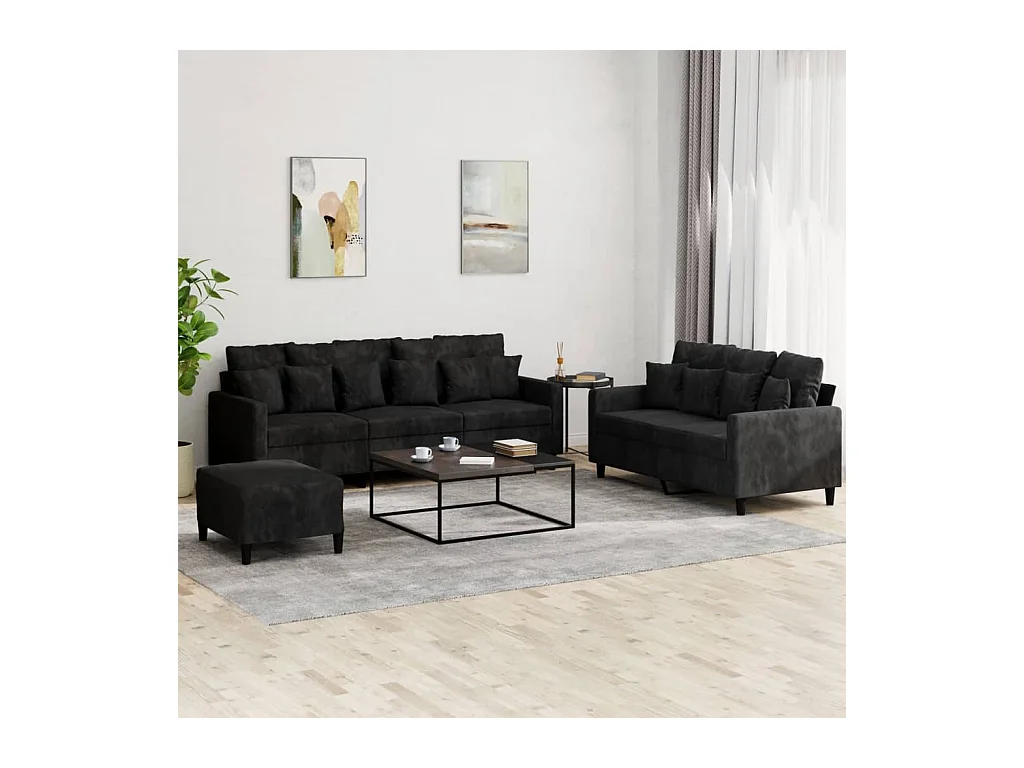 3-tlg. Sofagarnitur mit Kissen Schwarz Samt