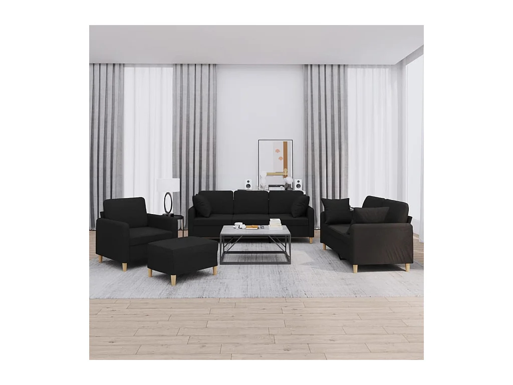 4-tlg. Sofagarnitur mit Kissen Schwarz Stoff