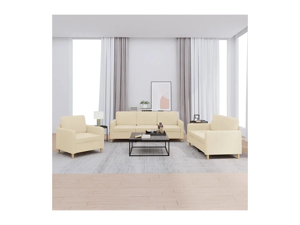 Set di Divani 3 pz con Cuscini Crema in Tessuto