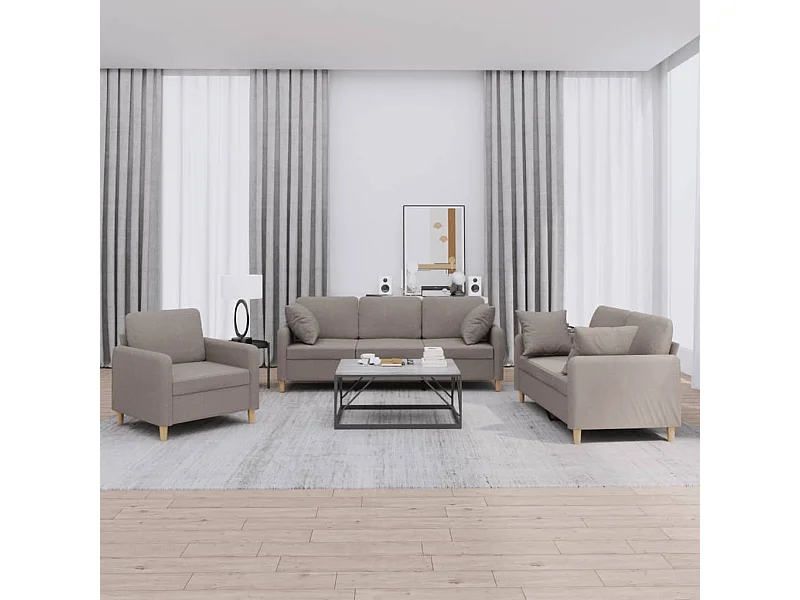 3-tlg. Sofagarnitur mit Kissen Taupe Stoff