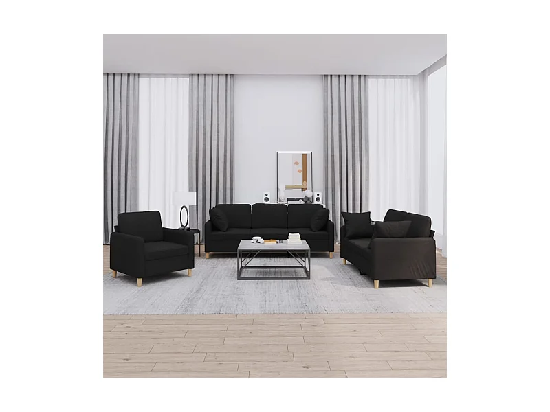 3-tlg. Sofagarnitur mit Kissen Schwarz Stoff