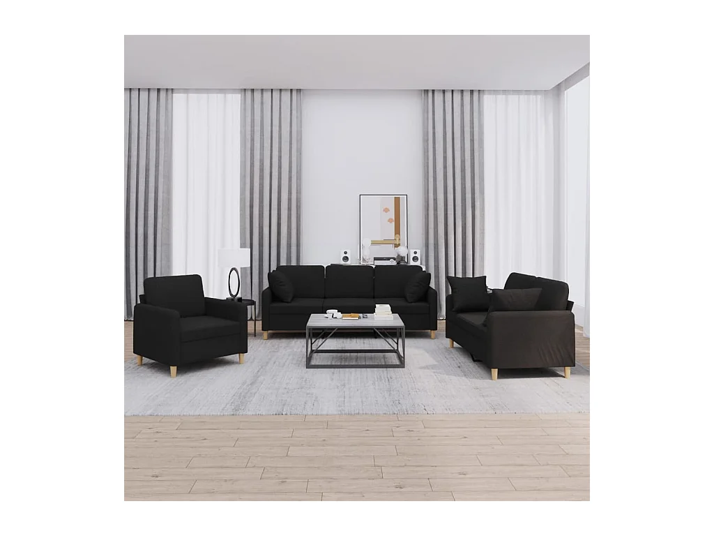 3-tlg. Sofagarnitur mit Kissen Schwarz Stoff