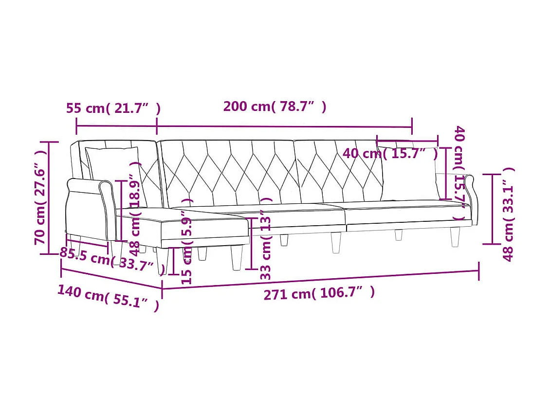 Canapé-lit en forme de L gris 271x140x70 cm velours