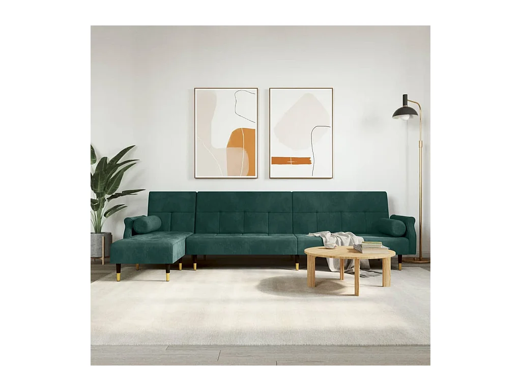 Sofá-cama em forma de L 271x140x70 cm veludo verde-escuro