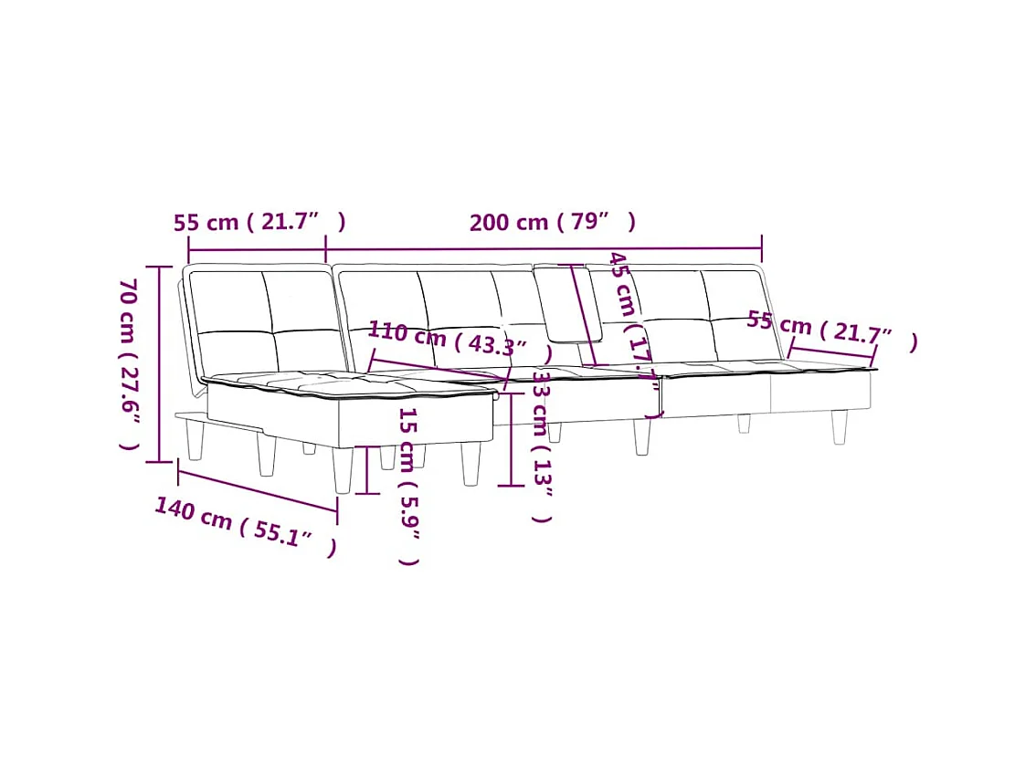Slaapbank L-vormig 255x140x70 cm fluweel donkergrijs