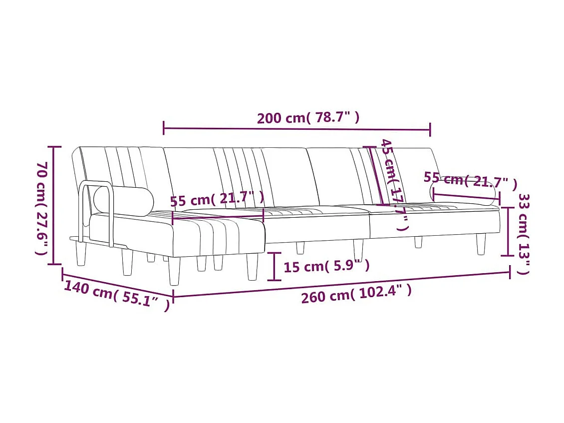 Sofá-cama em forma de L 260x140x70 cm veludo preto