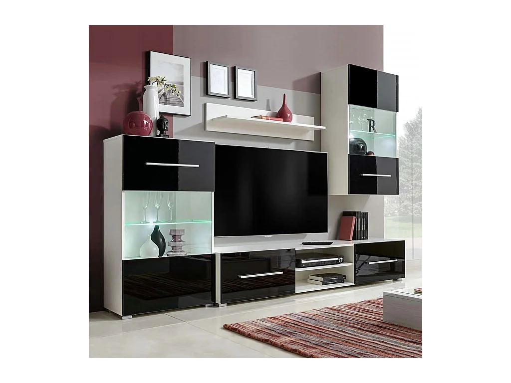 Meuble TV à vitrine murale avec lumière LED 4 pcs noir