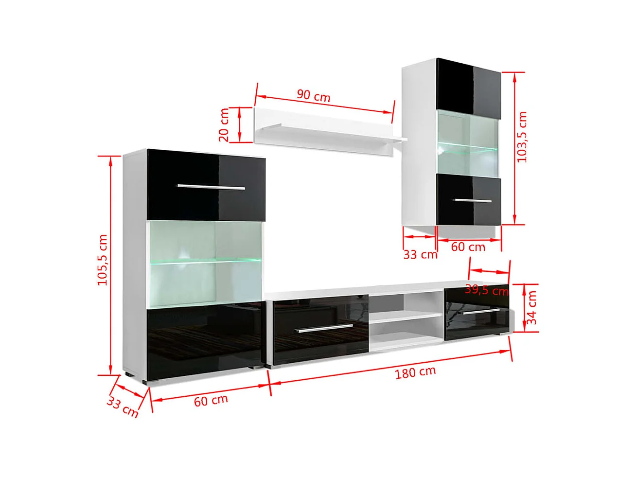 Meuble TV à vitrine murale avec lumière LED 4 pcs noir
