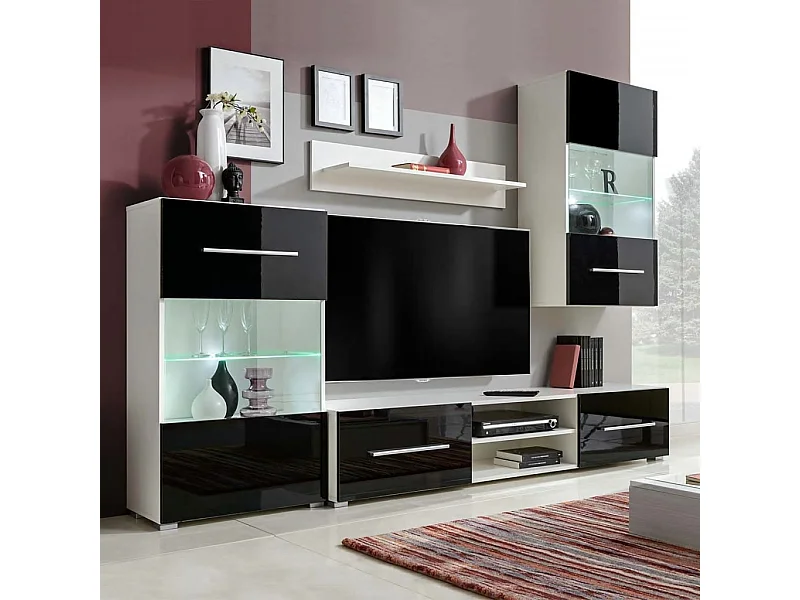 Meuble TV à vitrine murale avec lumière LED 4 pcs noir