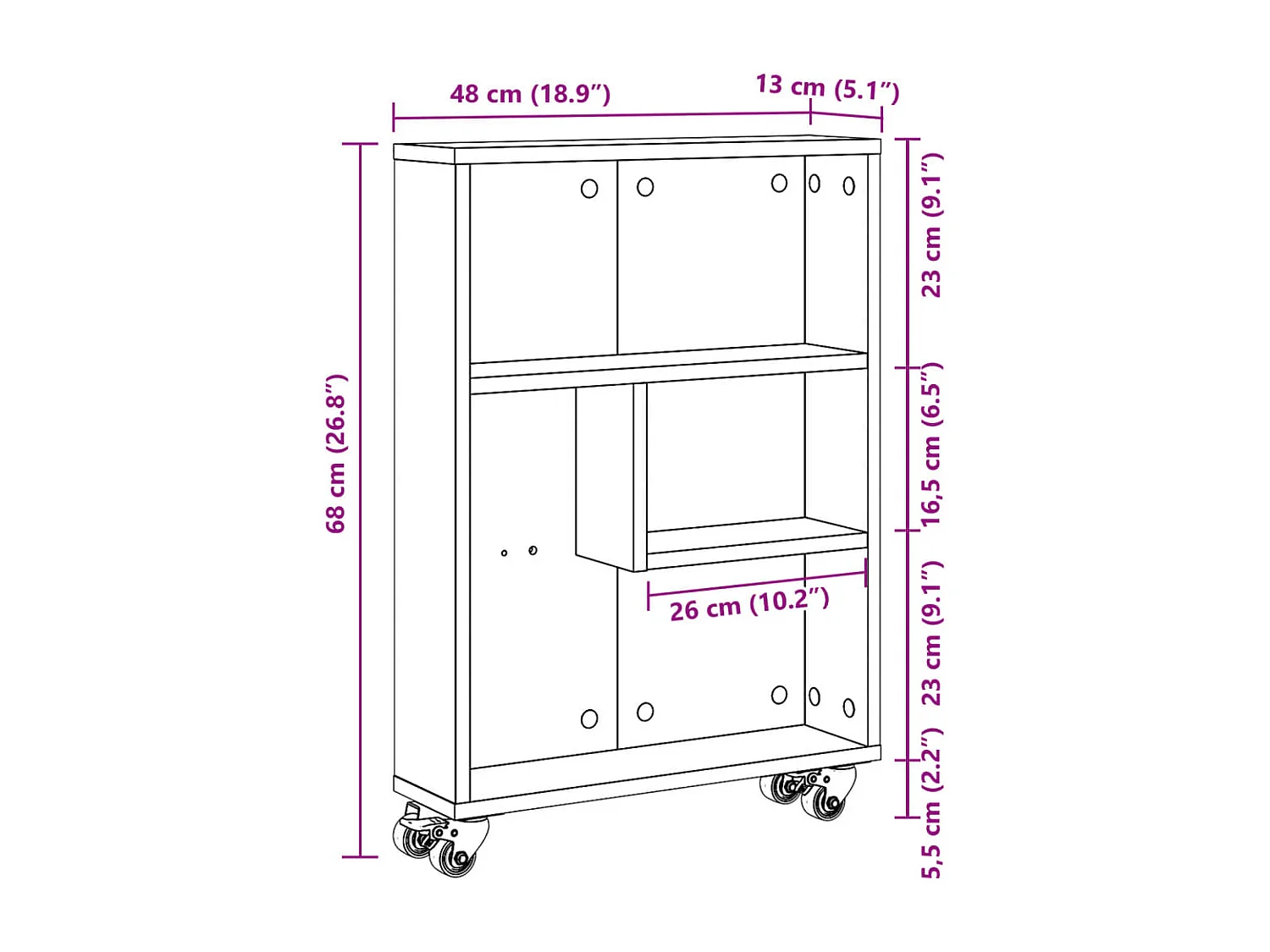 Opbergtrolley smal 48x13x68 cm bewerkt hout bruin eikenkleurig