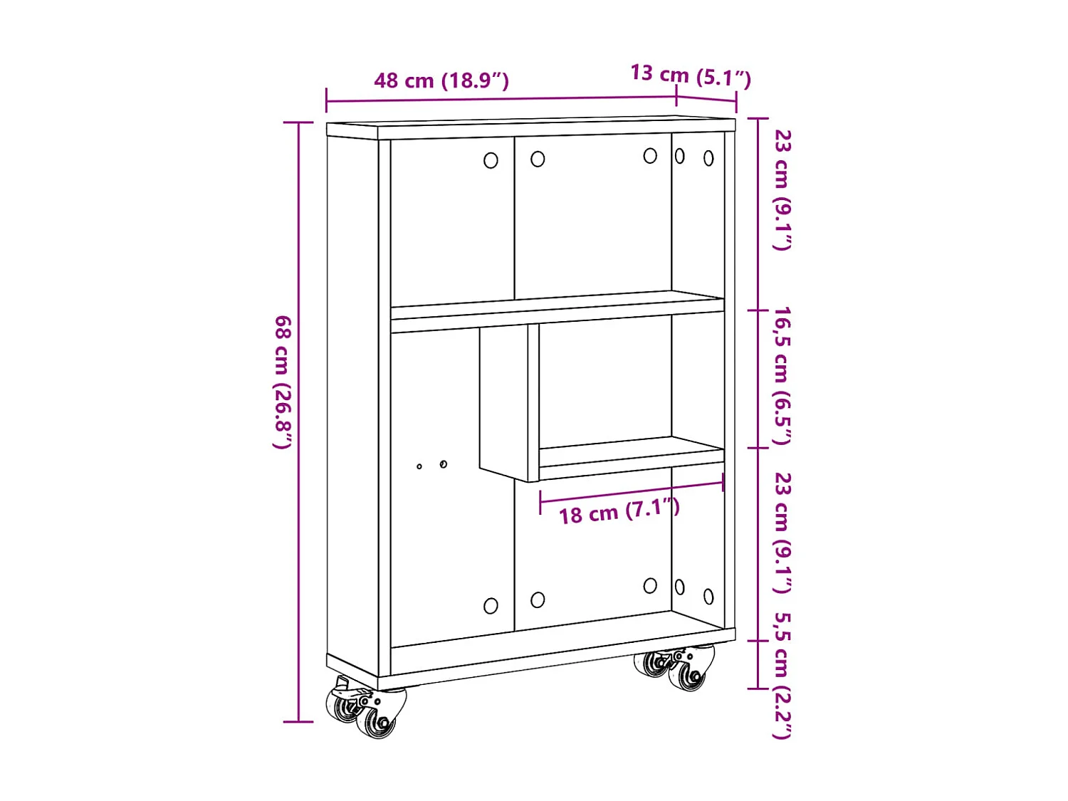 Chariot de rangement étroit Chêne Sonoma 48 x 13 x 68 cm Bois d'ingénierie