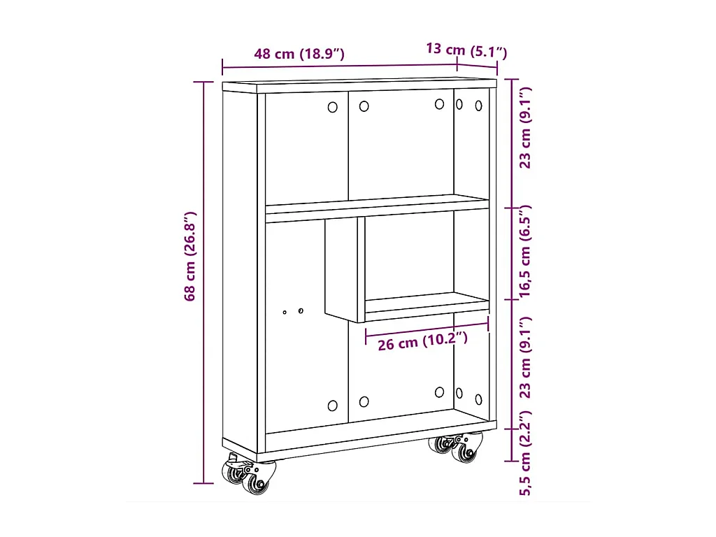 Aufbewahrungswagen Schmal Artisan-Eiche 48x13x68 Holzwerkstoff