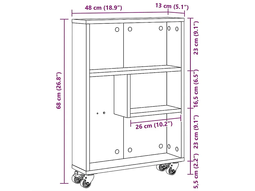 Opbergtrolley smal 48x13x68 cm bewerkt hout artisanaal eiken