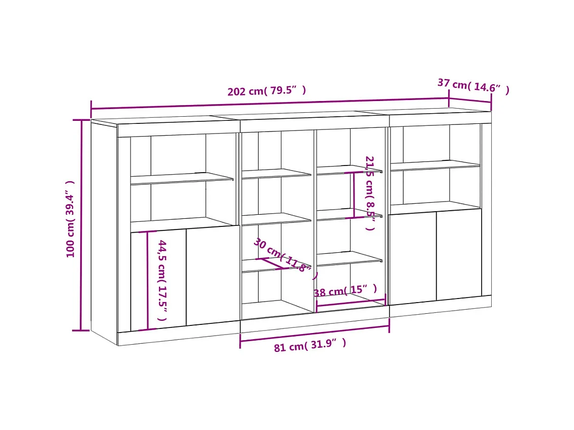 Buffet avec lumières LED chêne sonoma 202x37x100 cm